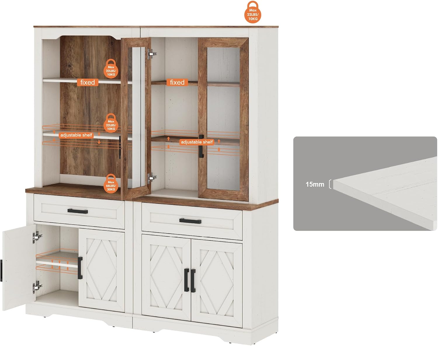 WAMPAT 5-Tier Bookcase with Sturdy Glass Doors,73.3' Tall Standing Rustic Bookshelves with Drawers, 63' Wide Modern Farmhouse Display Cabinet with Adjustable Shelves for Home,Office,White&Oak