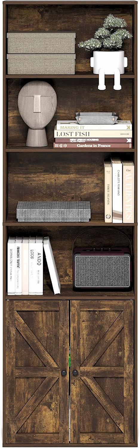 Furinno Jensen Book Shelf, 6-Tier Farmhouse Bookshelf, Display Bookcase with Doors, 9.2' x 21.6' x 71.2', for Organization and Storage, for Living Room, Bedroom, Home Office, Amber Pine