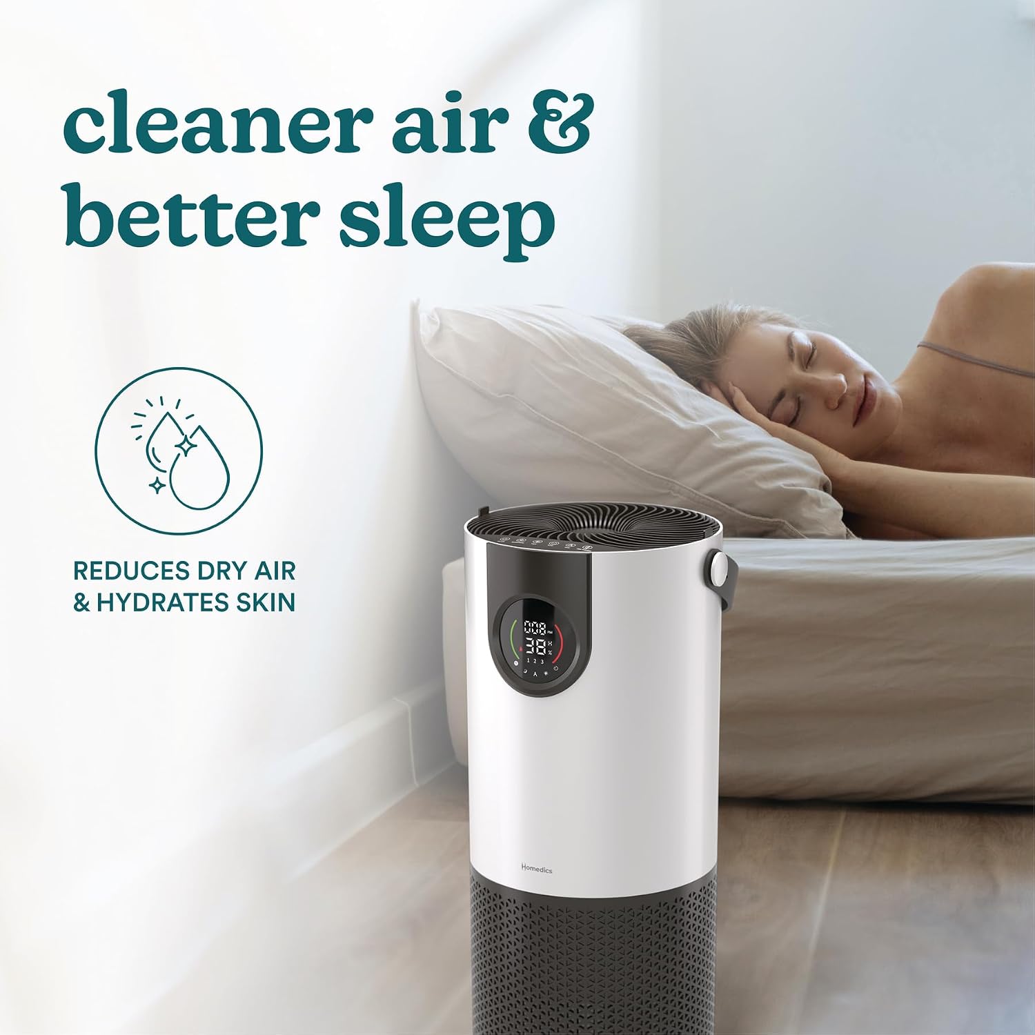 Homedics 2-in-1 Air Purifier & Evaporative Humidifier for Large Rooms HEPA Air Cleaner, Filtered Humidification, Digital Air Quality Sensor, Auto Mode, Tower Design for Home, No Visible Mist
