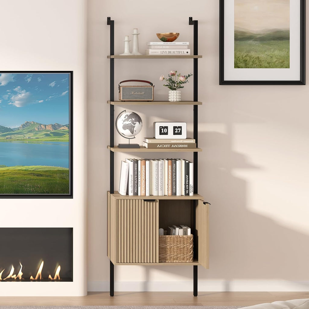 Yusong 73' Tall Bookshelf with Cabinet, Industrial Ladder Wall Mount Shelf Bookcase with Wood and Metal Frame, Plant Shelf Wall Storage Display for Living Room Bedroom, Wavy Light Ivory