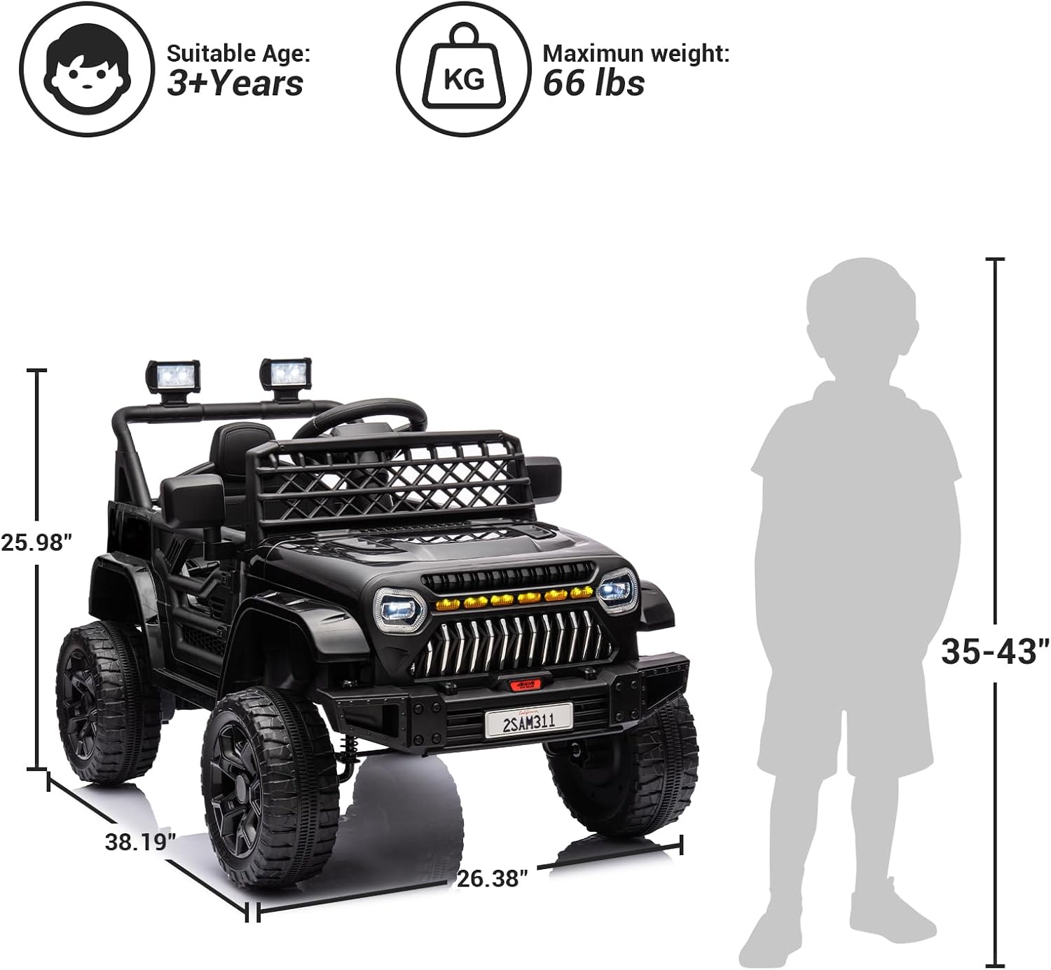 12V Ride On Car for Kids Electric Vehicle Toddlers Battery Powered Truck Car Toy with Remote Control, 4-Wheel Suspension, Battery Display, LED Lights, Music, for Boys Girls, Black