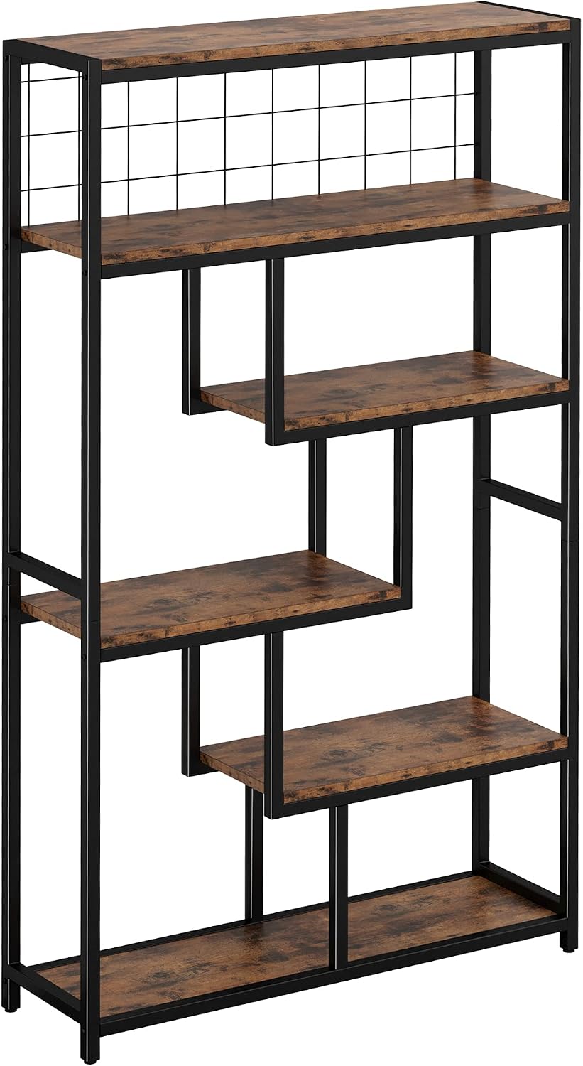 IRONCK Bookshelves 6 Tiers, Industrial Etagere Heavy Duty Shelves for Living Rooom, Office Storage Geomeric Display Boocase, Vintage Brown