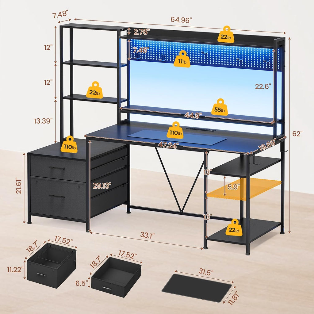 UPOSOJA Gaming Desk with Hutch, 65in Reversible Computer Desk with Power Outlets LED Light, Home Office Desk with Monitor Stand 2 Drawers 4 Storage Shelves Pegboard 8 Hooks Mouse Pad (Black)
