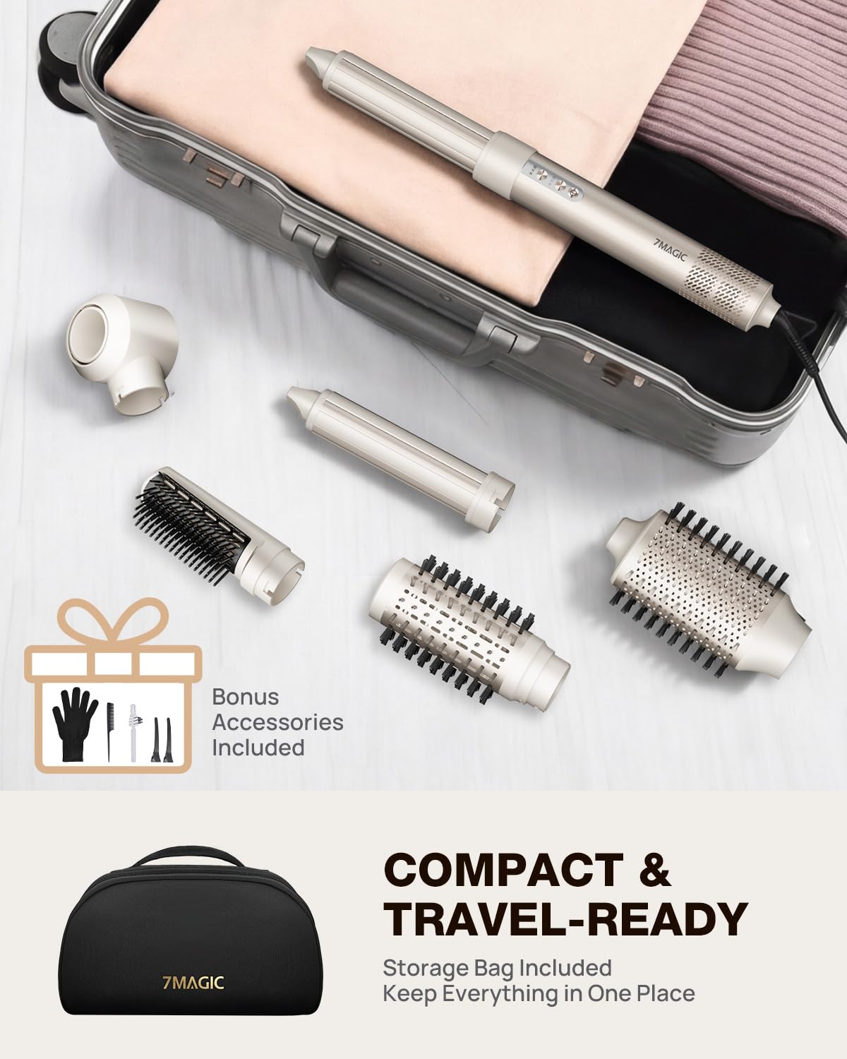 7MAGIC 6 in 1 Multi Hair Styler Dryer Brush, 110,000 RPM High-Speed, Negative Ionic, Fast Drying for Professional Blow Dry, Curling, Volumizing, Straightening and Styling, Gold