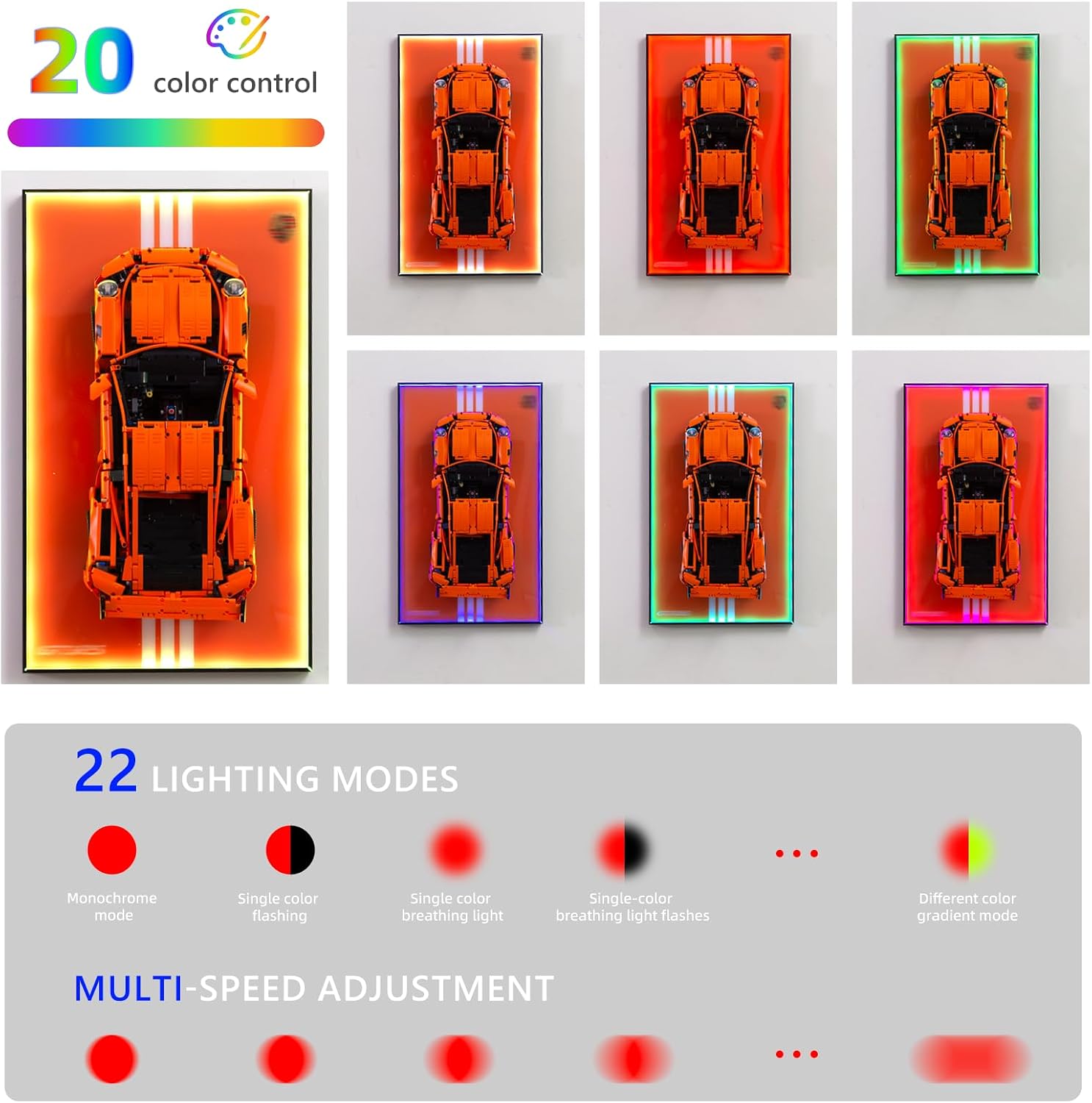 Display Wallboard with RGB LED Lights Compatible with Lego Technic 42056 Porsche 911 GT3 RS Building Kit - Adult Collectibles Wall Mount for Home or Office Décor (No Car Included)