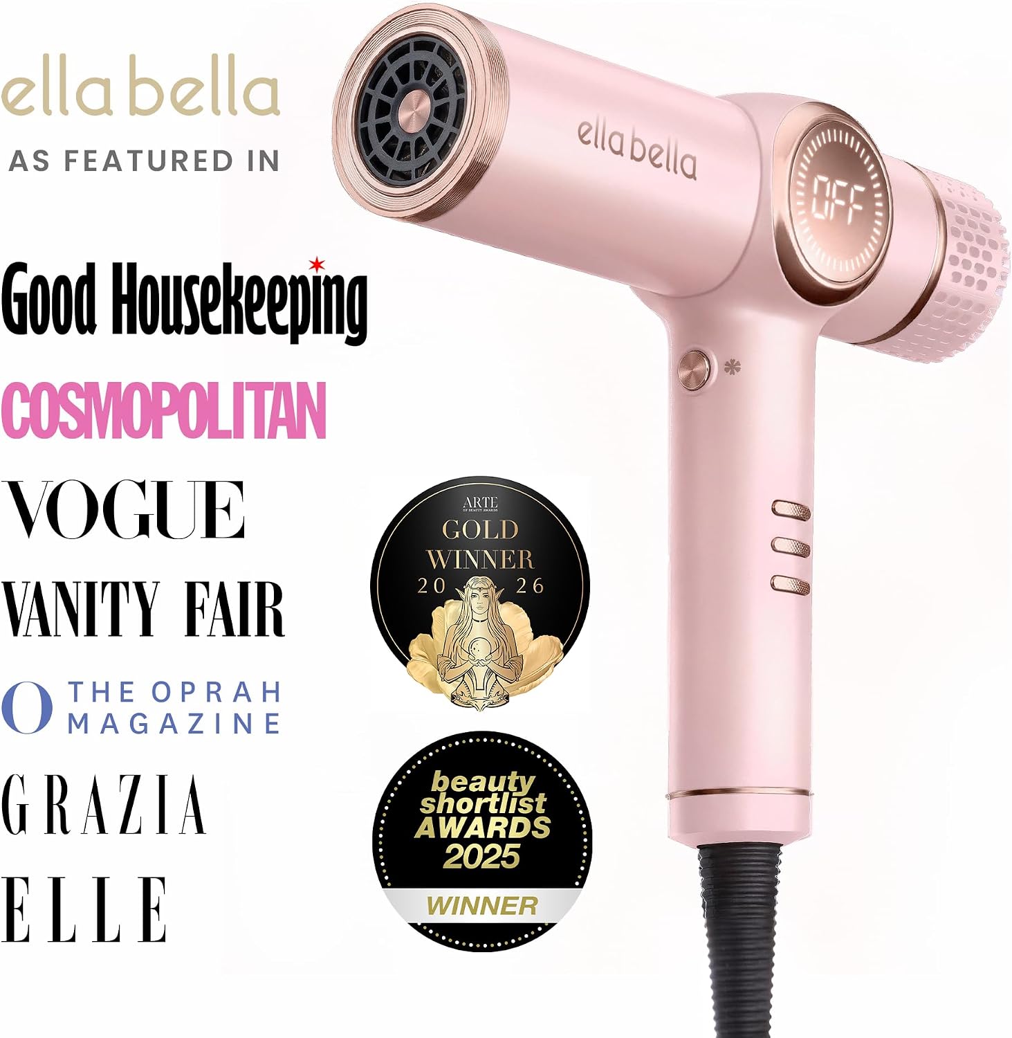 ELLA BELLA® Professional Ionic Hair Dryer with Diffuser • Negative Ion Blow Dryer • Suitable All Hair Types • Intelligent Heat Control & Rapid Drying Speeds • Lightweight Design • Low Noise Technology