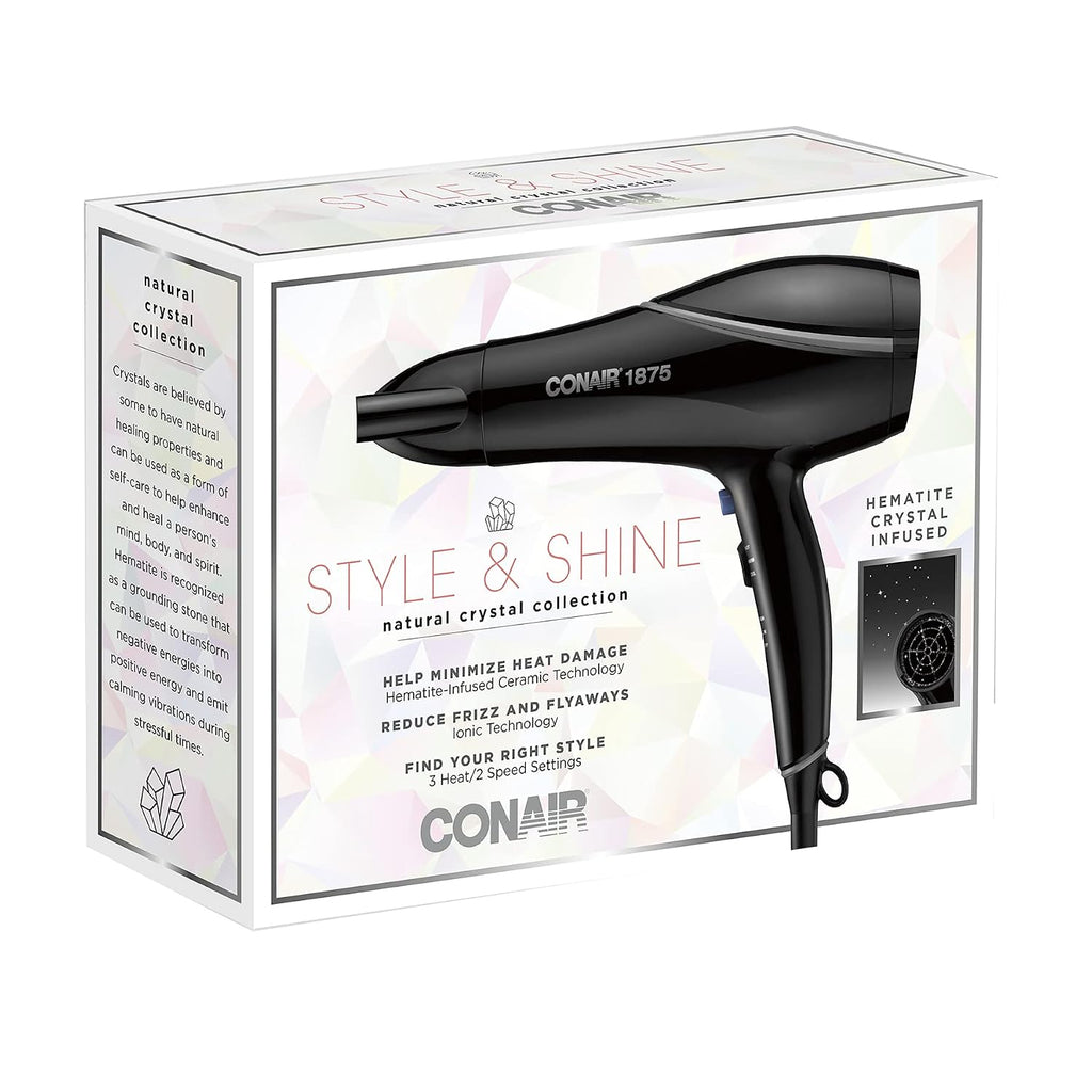 Conair Hair Dryer Style&Shine Natural Crystal Collection,1875W Hairdryer,3 Heat Settings,2 Speeds,Blow Dryer with Concentrator Attachment,Ionic&Hematite-Infused Ceramic Technology,Black,(Pack of 4)