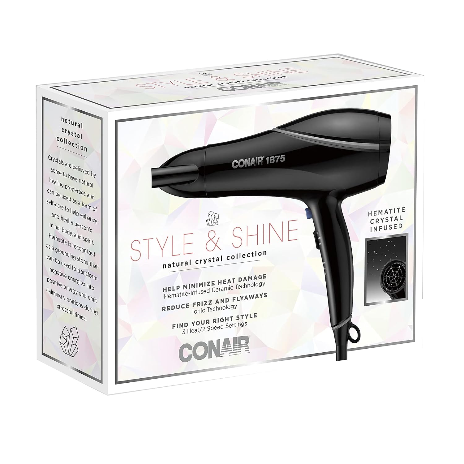 Conair Hair Dryer Style&Shine Natural Crystal Collection,1875W Hairdryer,3 Heat Settings,2 Speeds,Blow Dryer with Concentrator Attachment,Ionic&Hematite-Infused Ceramic Technology,Black,(Pack of 4)