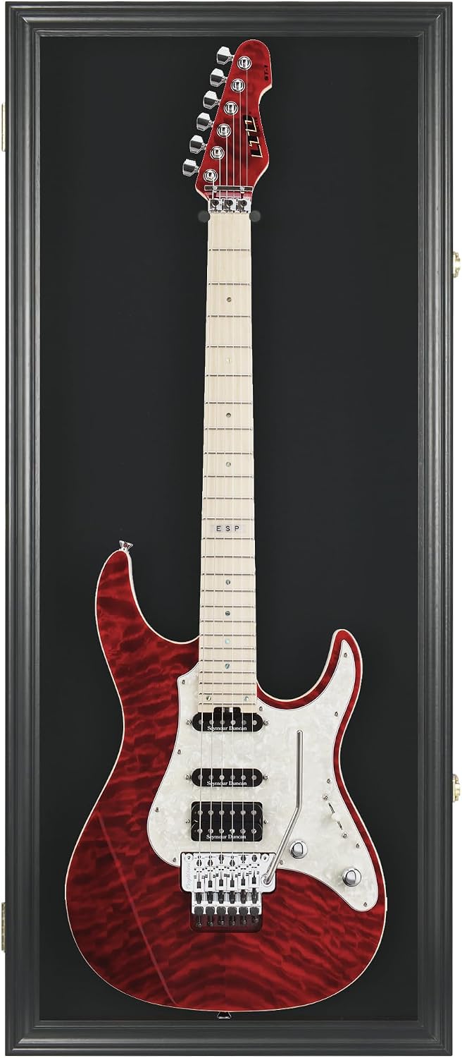 DisplayGifts 42' Electric Guitar Display Case Cabinet Shadow Box with Guitar Hanger Stand, Lockable UV Protection Black Felt Interior with Black Frame