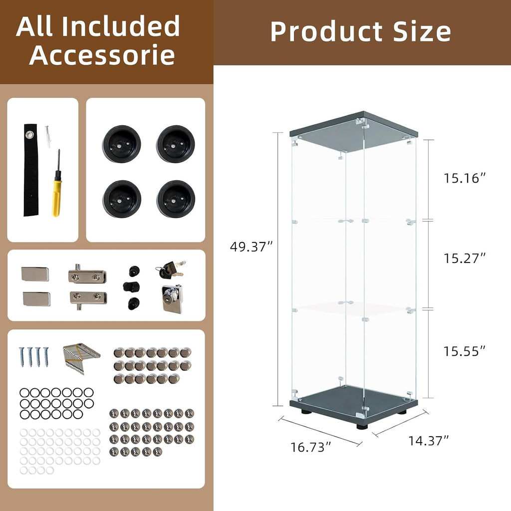 Display Cabinet with Glass Door and Lock, 3-Shelf Fast Installation Curio Cabinets with 5mm Tempered Glass Floor Standing Bookshelf for Living Room (49' Hx 16.7' W x 14.3' D, Black)