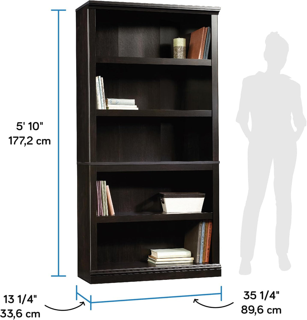 Sauder 5 Tier Book Shelf Wooden Bookcase Multipurpose Bookshelf for Home Office, Living Room, in Estate Black finish