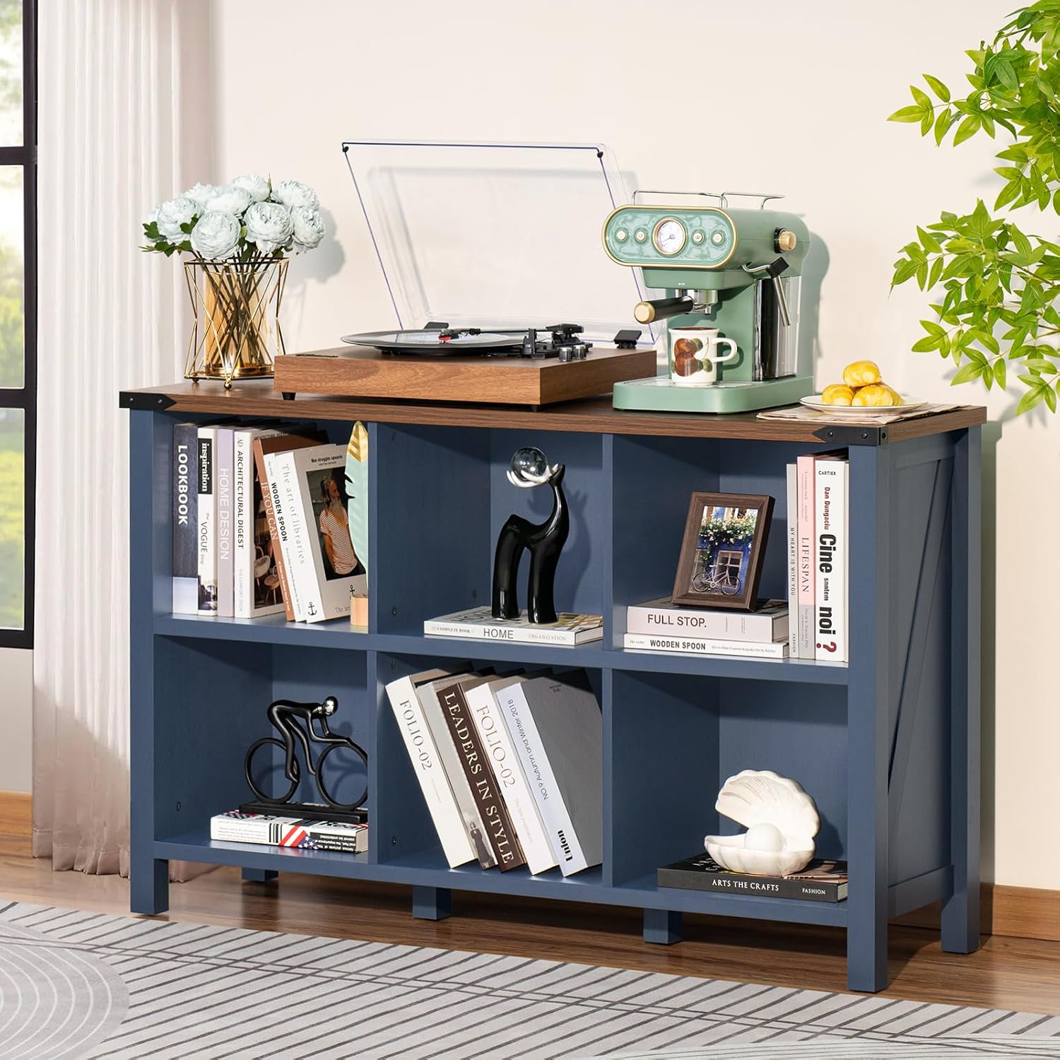 Joaxswe 6 Cube Bookcase, Farmhouse Wood Low Storage Organizer Book Shelf, 47' Horizontal Navy Blue Console Bookshelf with Legs, Hallway Book Case for Entryway, Display Cabinet for Living Room, Office