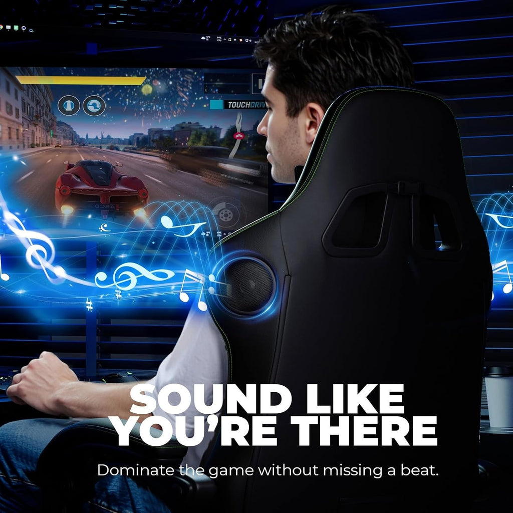 GTPLAYER ACE-PRO Music Gaming Chairs – Built-in Speakers, App Support & Bluetooth Control, Computer Game Chairs with Footrest for Adults, Ergonomic, Reclining, Linkage Armrest, Black & Green Stitch