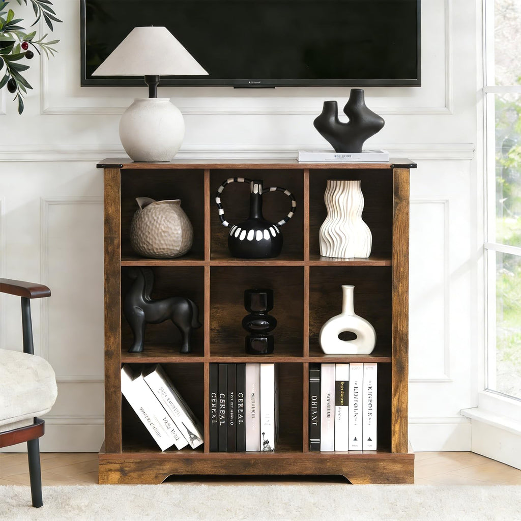 9 Cube Storage Organizer with LED Lights, Wooden Cube Bookcase with Back Panel, Brown Cube Shelf Freestanding Bookshelf, Hallway TV Stand for Living Room, Bedroom, Office