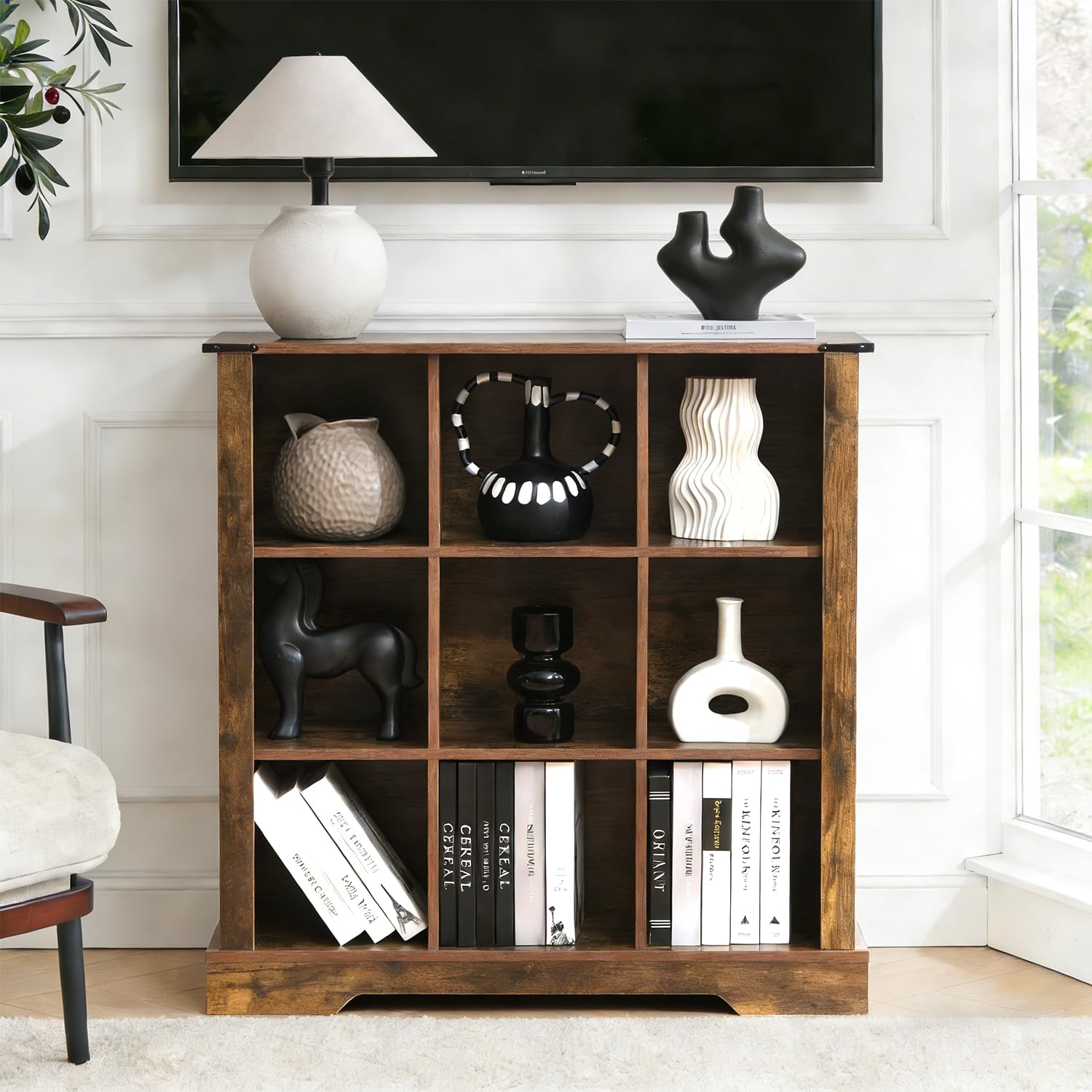 9 Cube Storage Organizer with LED Lights, Wooden Cube Bookcase with Back Panel, Brown Cube Shelf Freestanding Bookshelf, Hallway TV Stand for Living Room, Bedroom, Office