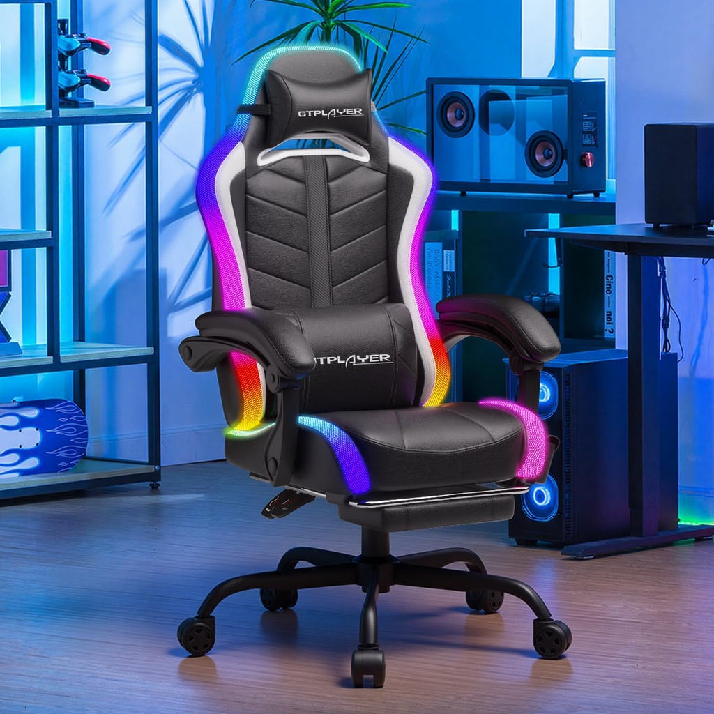 GTPLAYER Gaming Chair, Computer Chair with RGB LED Lights, High Back Ergonomic Chair for Adults with Footrest and Linkage Armrests& Headrest Lumbar Support (Without Bluetooth Speakers)