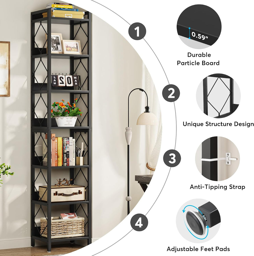 Tribesigns 78.7 Inch Extra Tall Narrow Bookshelf, 7 Tier Skinny Bookcase for Small Spaces, Freestanding Display Shelves, Multifunctional Corner Storage Organizer for Home Office, Black