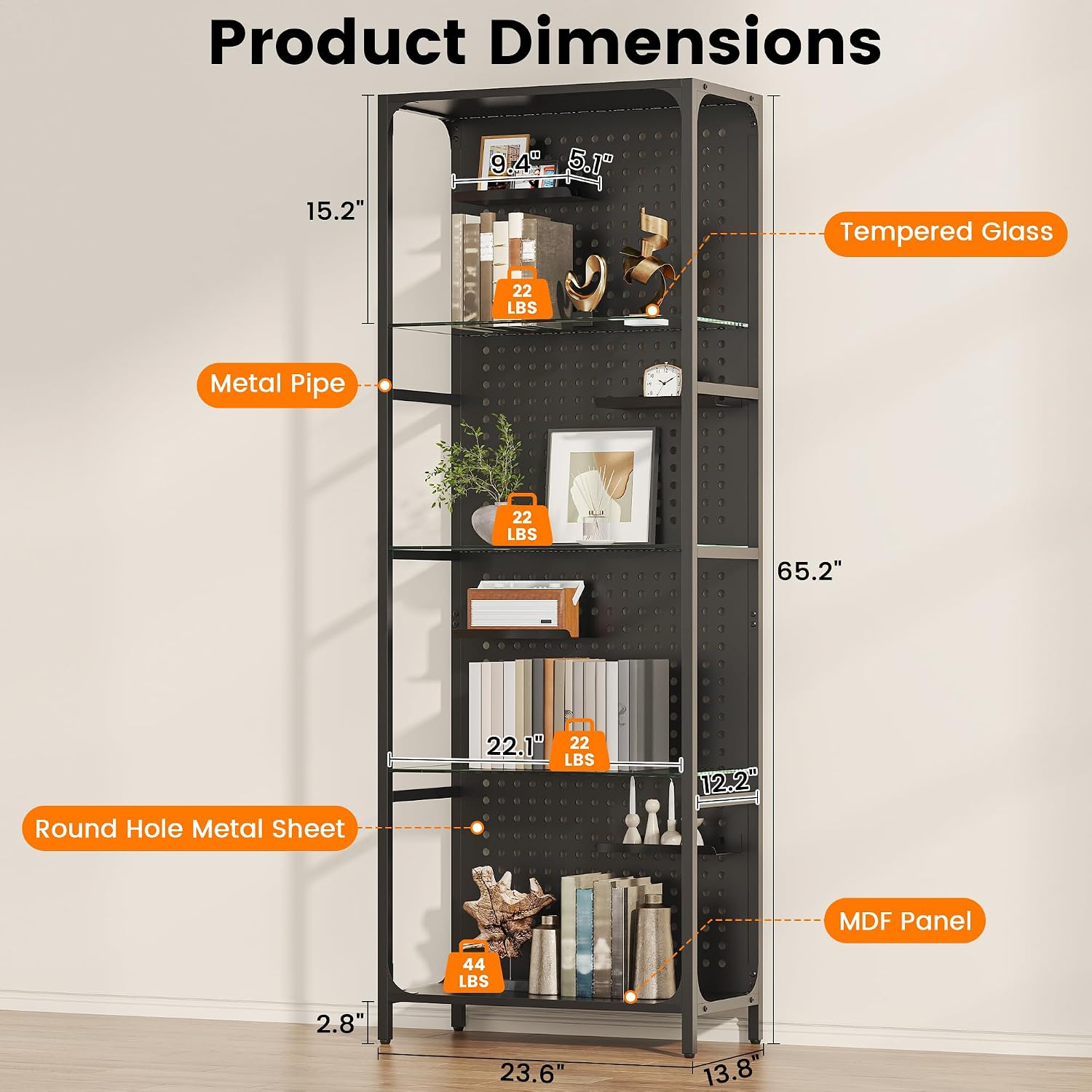 Saudism Glass Display Shelf for Collectibles, LED Black Shelf, Curio Cabinet, Lighted Tall Narrow Shelf with Pegboard Steel Frame for Gaming Room, Floor Lamp with Shelves, Living Room, Bedroom, Large