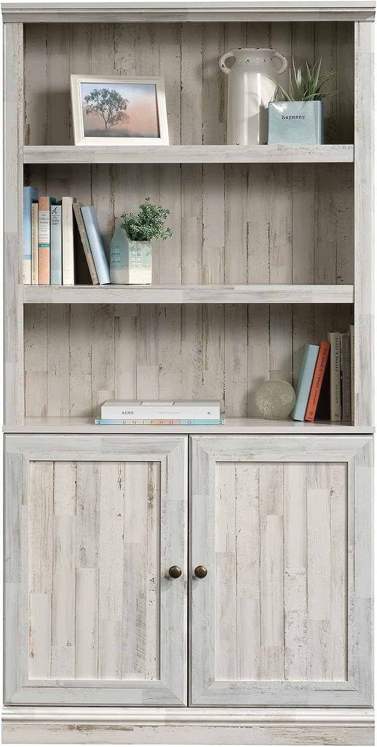 Sauder Select Book Shelf, Bookshelf with Storage, Library Bookcase with Doors and Adjustable Shelves, in White Plank