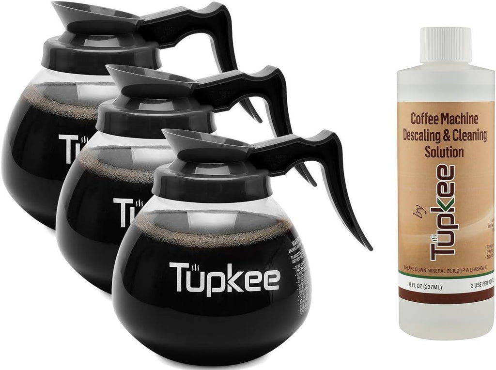 Glass Coffee Pots Decanter Carafe -Glass, 64 oz. 12-Cup, Set of 3 Black Handle + BONUS + Tupkee Coffee Machine Descaler & Cleaning Solution – For Drip Coffee Maker, Espresso and Keurig Coffee Machines