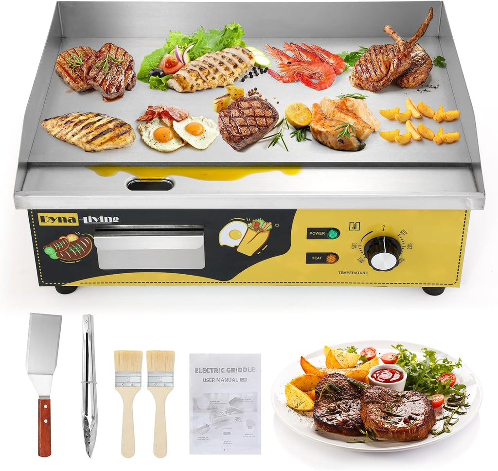 Dyna-Living Commercial Electric Griddle 22'' Stainless Steel Countertop Griddle 3000W 110V Flat top Grill Electric for Home Kitchen, Restaurant, 122℉-572℉ Temperature Adjustable
