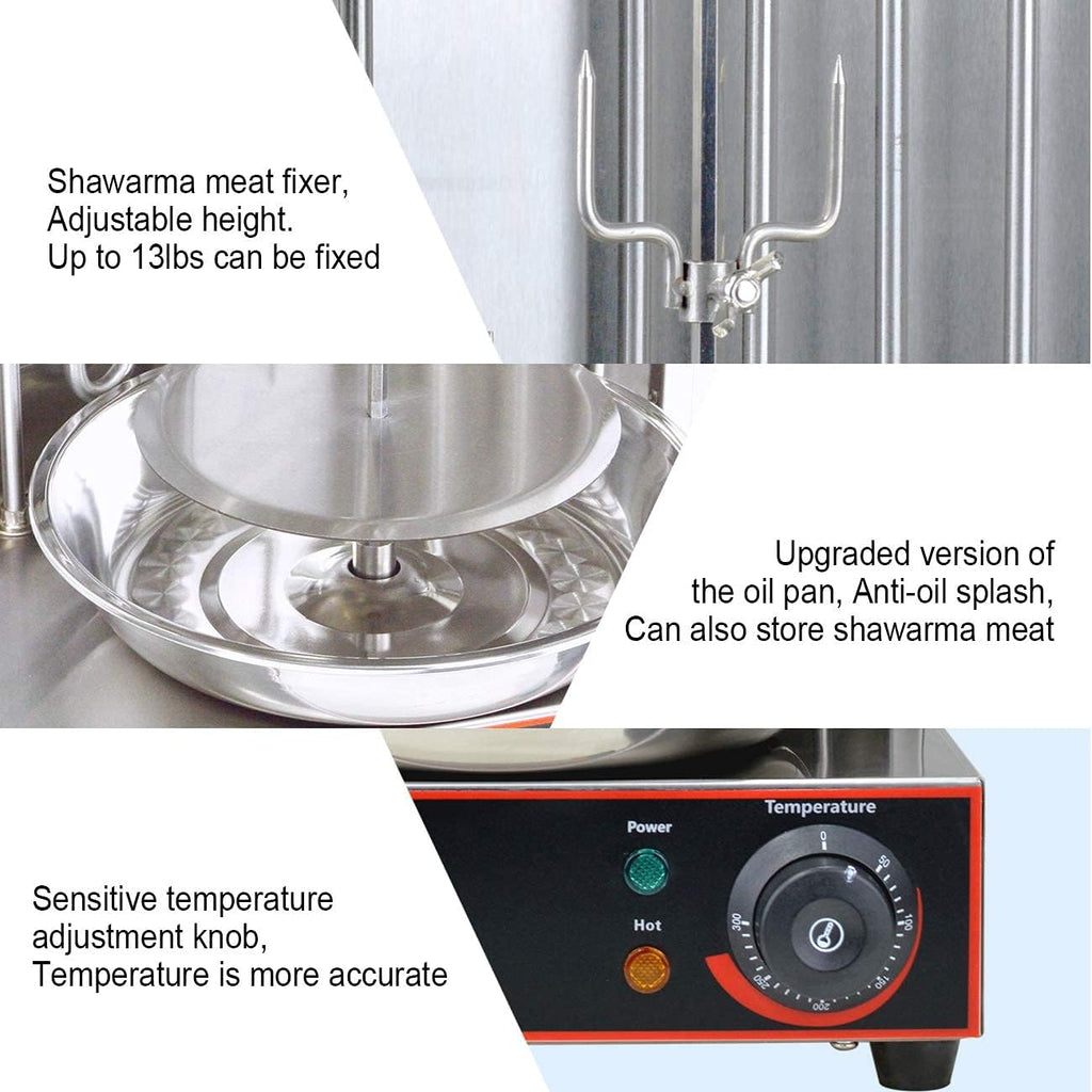 Li Bai Shawarma Machine Electric Vertical Kebab Grill Gyro Rotisserie Oven Meat Broiler with 2 Heating Tubes Stainless Steel Body 110V For Home Restaurant Kitchen（Registered Design Patent）