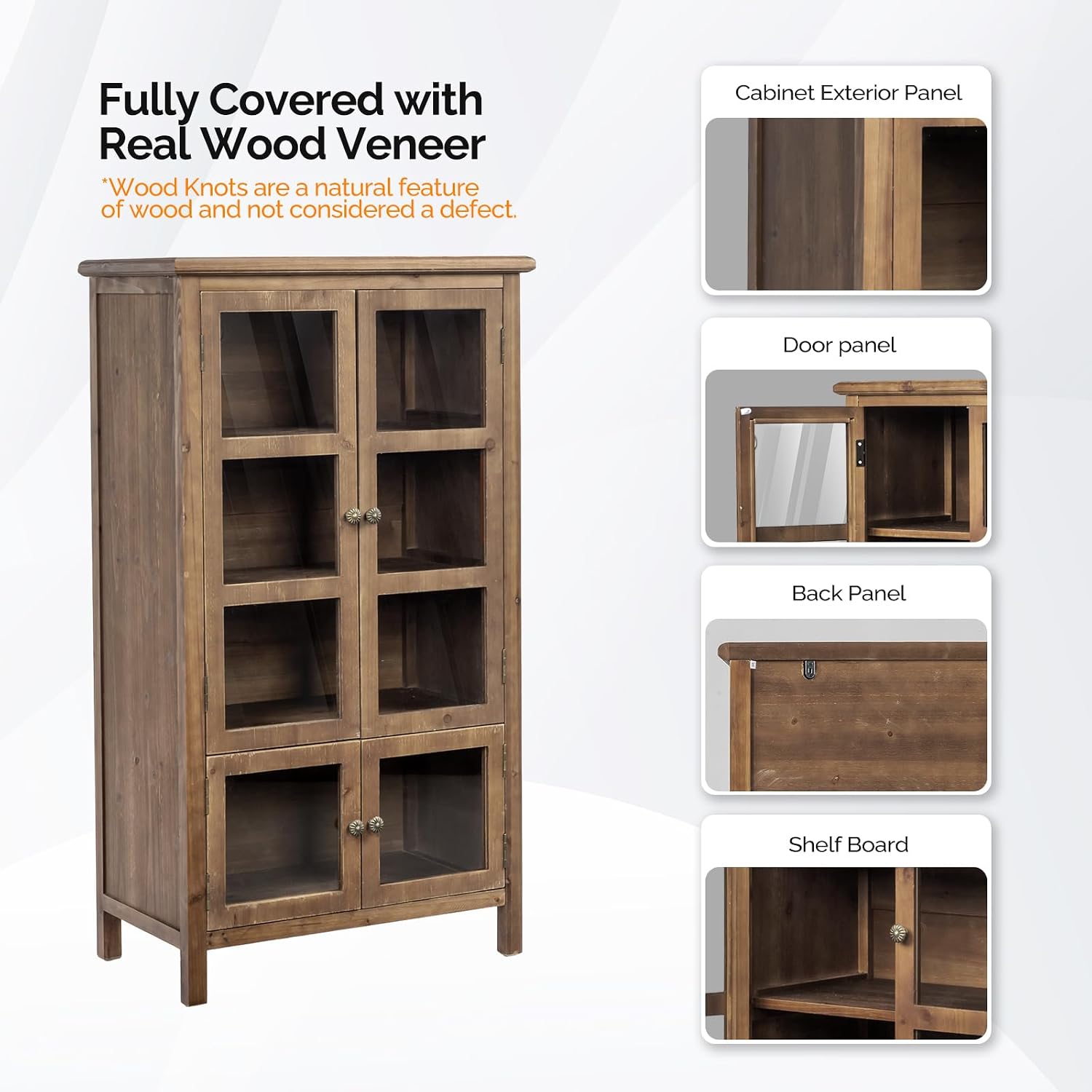 VINGLI Rustic Storage Cabinet with Glass Doors & Shelves, Showcase Display Cabinet with Cedar Wood Finish, Walnut