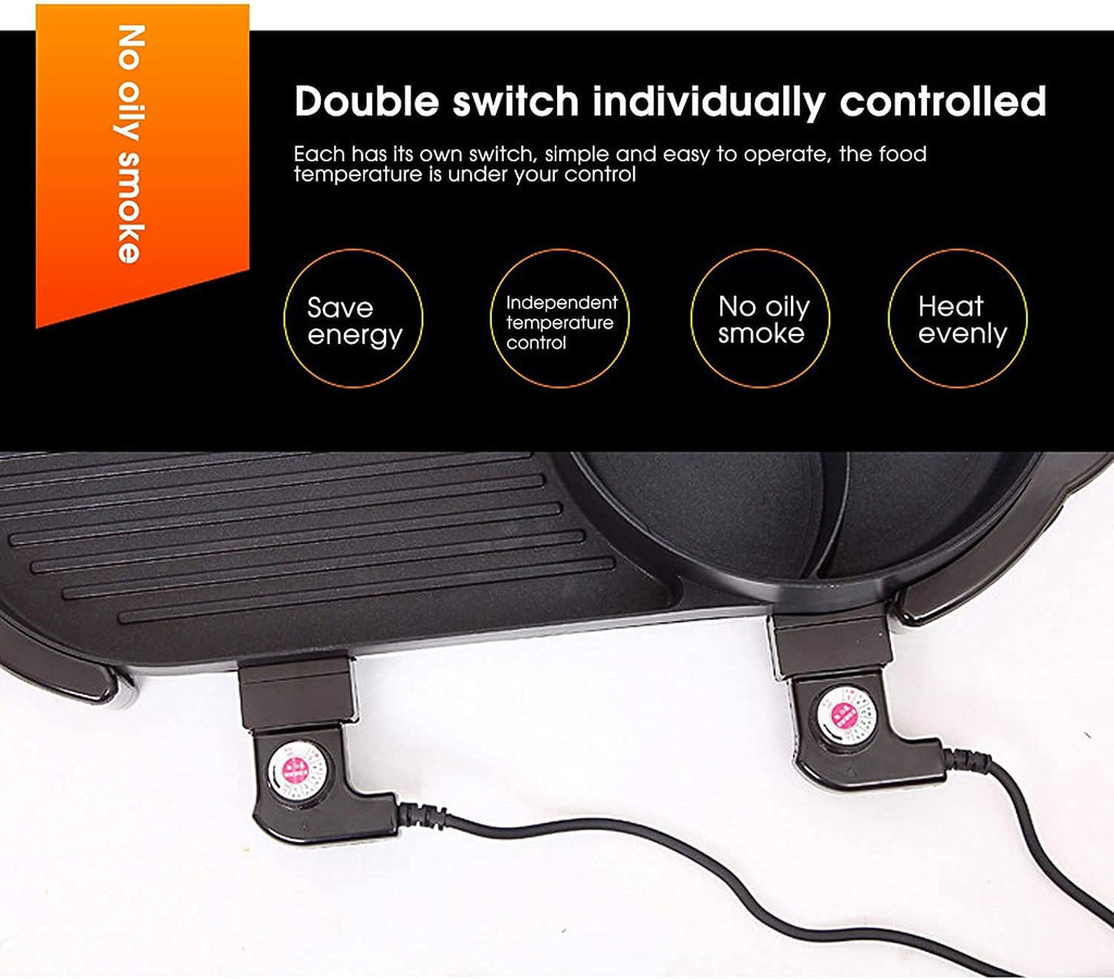 BBQ Smokeless Grill Electric Grill/Hot Pot,Portable Electric Grill with 5 Temperature adjustments, 2 in 1 Barbecue Grill Indoor Hot Pot Grill Chafing Dish, Household Multifunctional Non-Stick Pan El