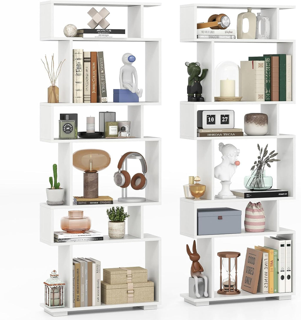 Giantex 6-Tier Geometric Bookshelves Set of 2, S-Shaped Bookcase with 2 Anti-Tipping Kits, Wooden Display Shelf, Decorative Storage Shelving Unit, Home Storage Organizer for Office Living Room, White