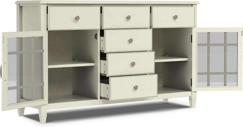 SIMPLIHOME Connaught Buffet - 60 inch Wide Solid Wood 3-Door Sideboard Buffet in Antique White, Traditional Storage Cabinet for Dining Room or Kitchen with Adjustable Shelves and Classic Molding