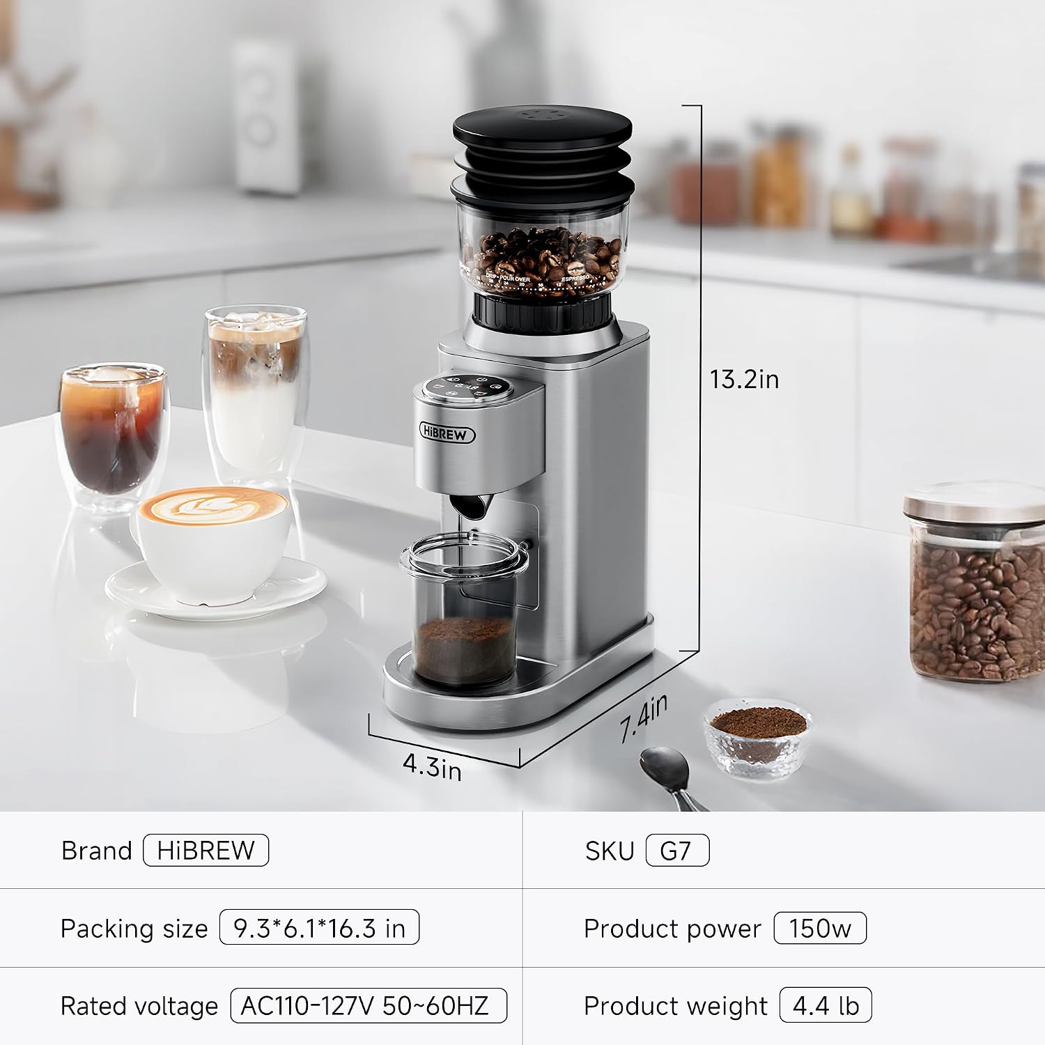 HiBREW G7 Electric Coffee Grinder - 48 Precise Grind Settings for Espresso/Pour Over/French Press, Large Capacity Bean Hopper, Portion Control & Anti-Static, Conical Burr Mill for Fresh Ground Coffee