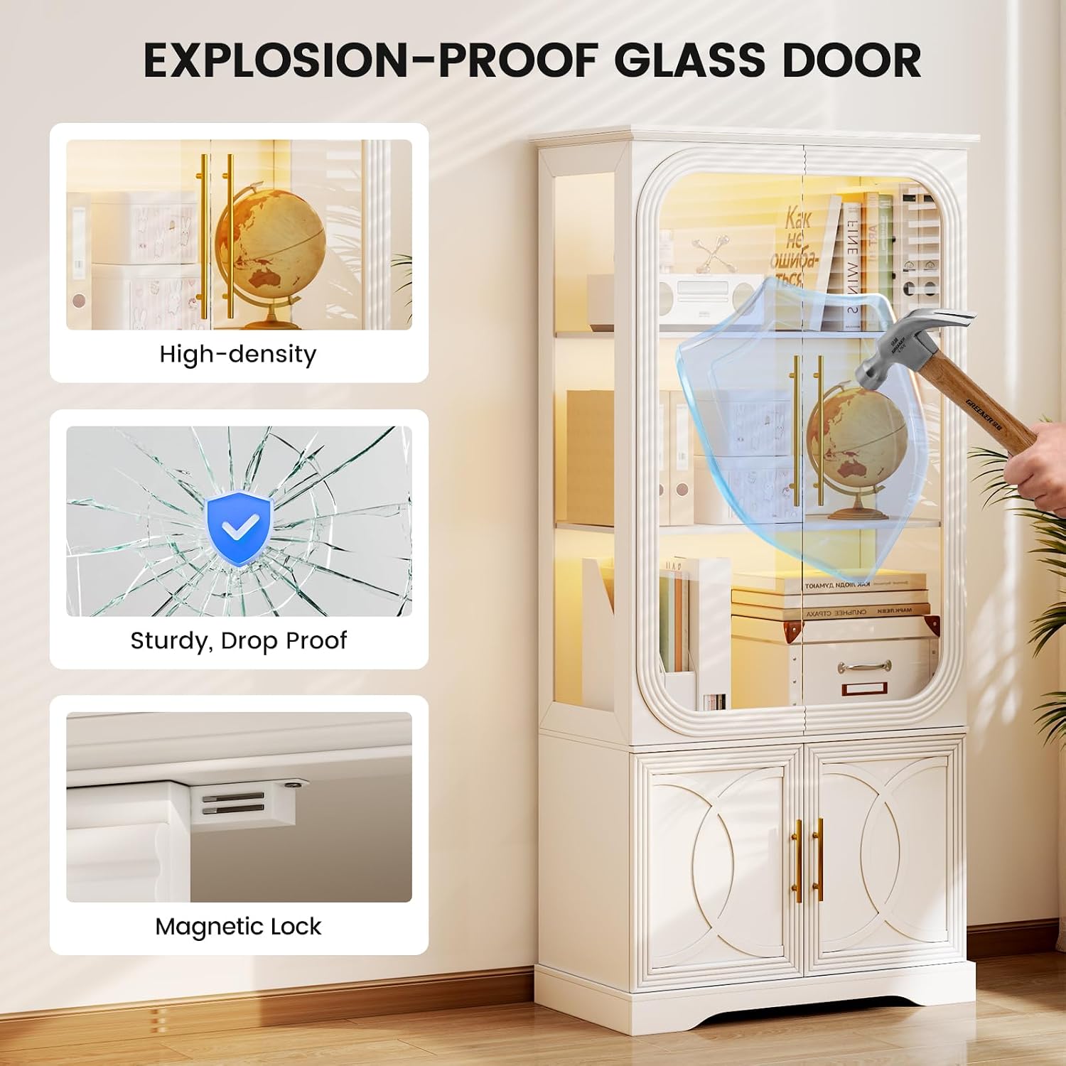 Lareth Display Cabinet with Glass Doors, 69 in Tall Bookcase with LED Lights, Glass Display Case Kitchen Pantry Cabinet, 5 Tier Curio Storage Cabinet for Living Room, Home Office, White