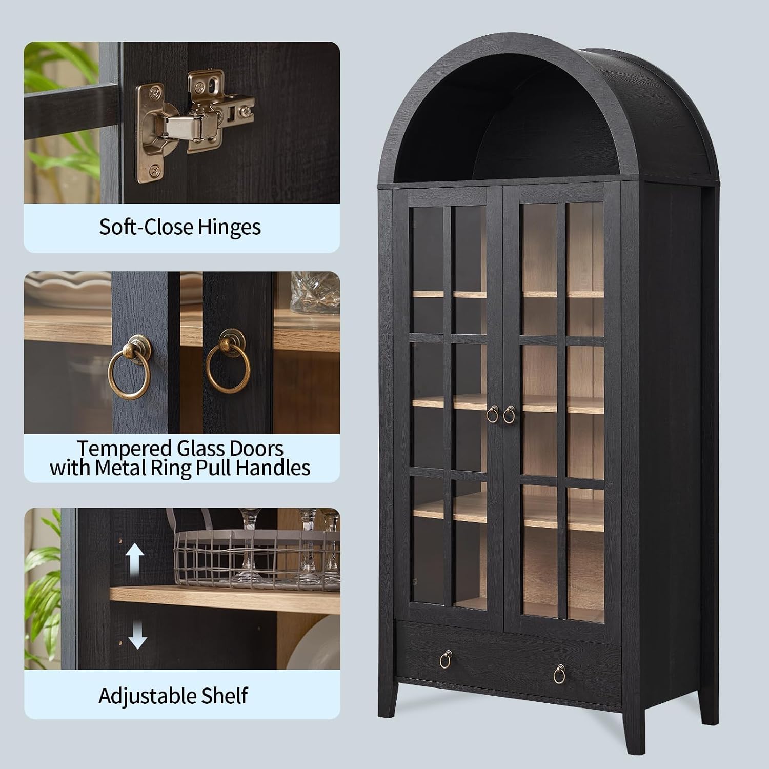RowyPoey Farmhouse Arched Cabinet with Glass Doors, Wood Display Cabinet with Drawer and Adjustable Shelves, 71' Tall Bookshelf Modern Storage Kitchen Pantry for Living Room,Office (Black)