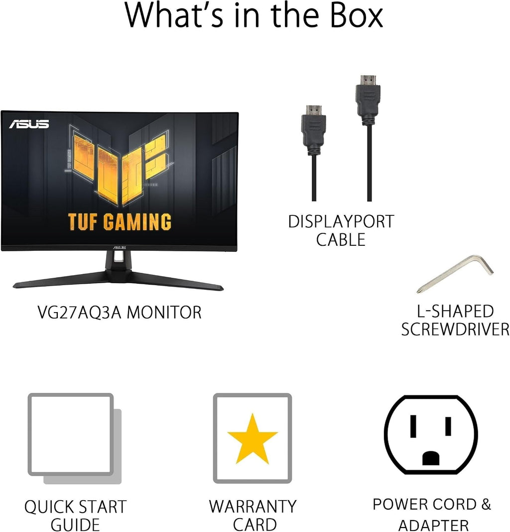 ASUS TUF Gaming 27' 1440P HDR Monitor (VG27AQ3A) – QHD (2560 x 1440), 180Hz, 1ms, Fast IPS, 130% sRGB, Extreme Low Motion Blur Sync, Speakers, Freesync Premium, G-SYNC Compatible, HDMI, DisplayPort