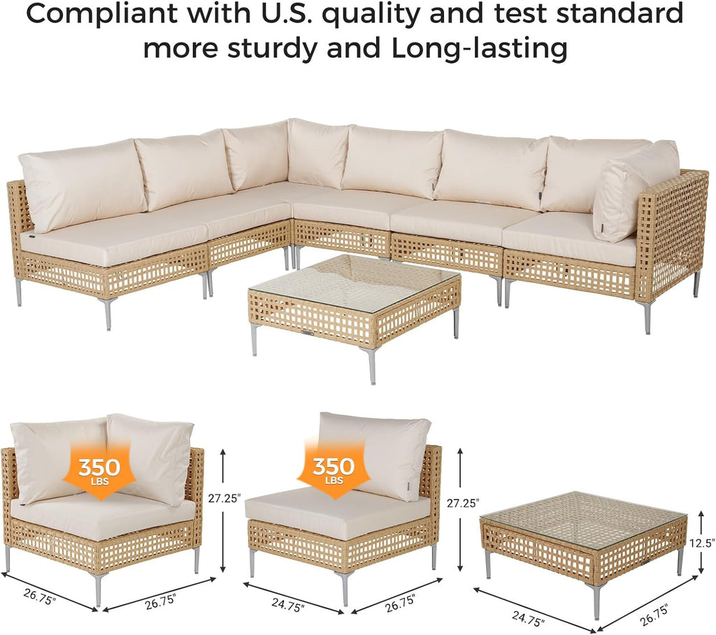 Grand patio 4-Piece Wicker Patio Furniture Set, Boho Outdoor Conversation Set Sectional Sofa with Water Resistant Thick Cushions and Coffee Table, Cream