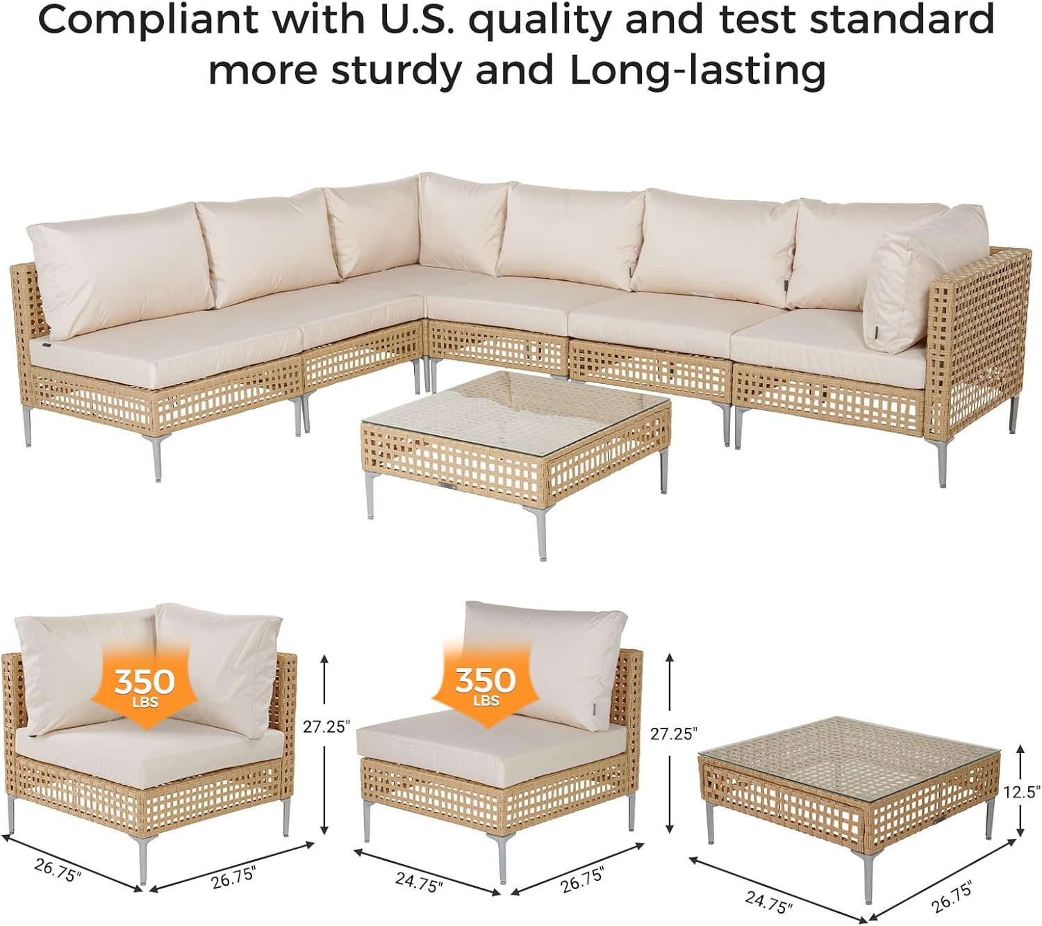 Grand patio 4-Piece Wicker Patio Furniture Set, Boho Outdoor Conversation Set Sectional Sofa with Water Resistant Thick Cushions and Coffee Table, Cream