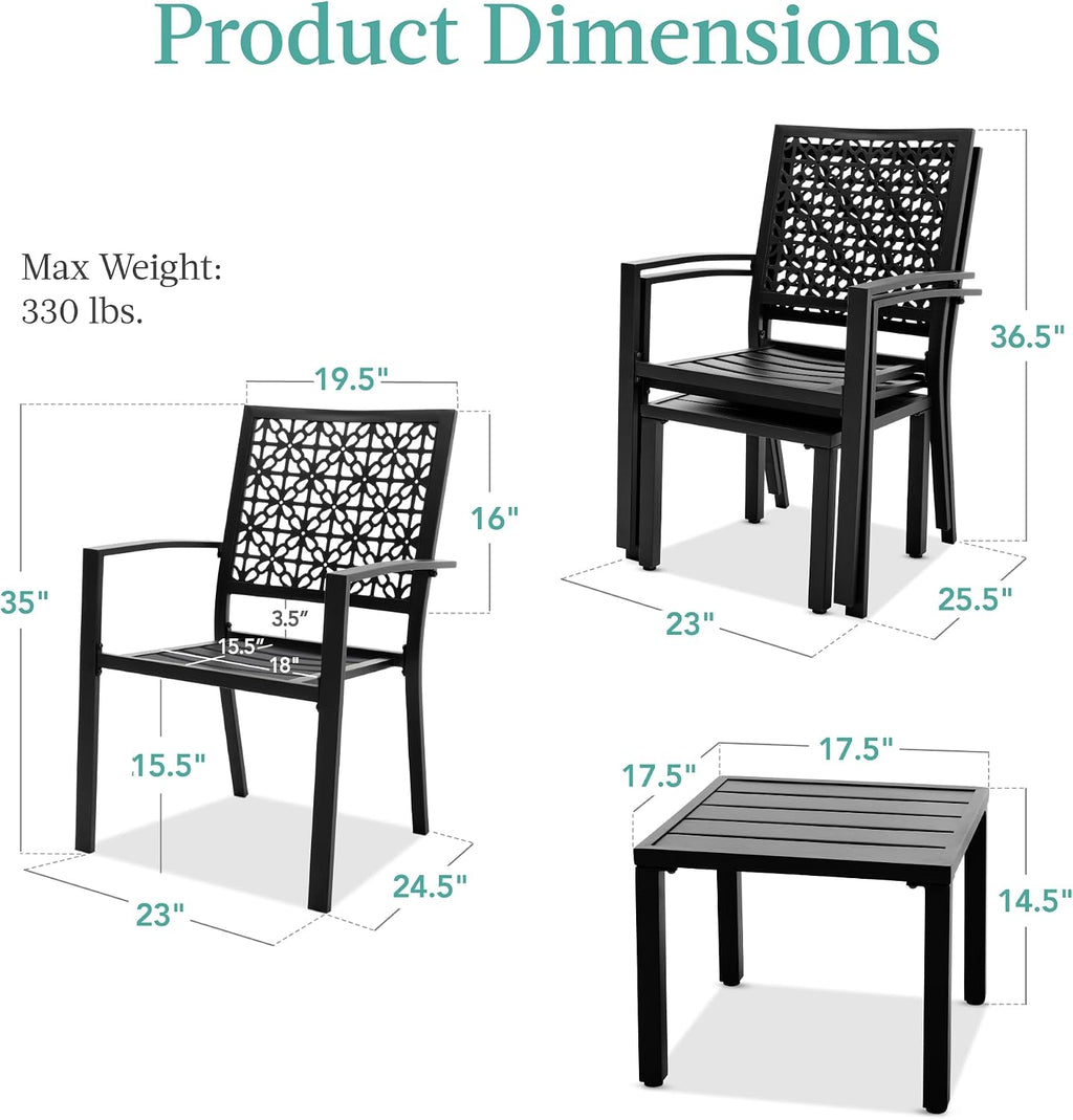 Best Choice Products 3-Piece Outdoor Bistro Set, Stackable Modern Steel Furniture for Porch, Garden w/ 2 Chairs, Table, Geometric Decor - Black