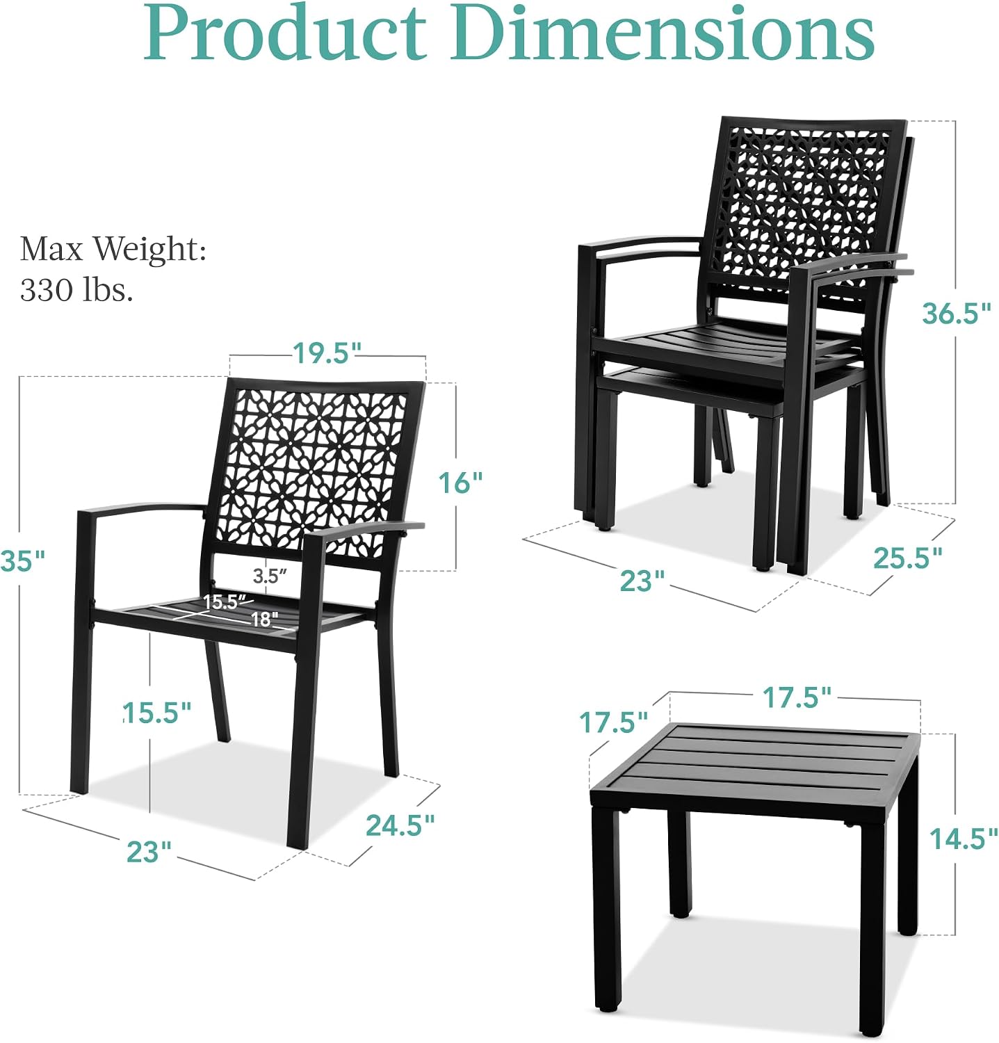 Best Choice Products 3-Piece Outdoor Bistro Set, Stackable Modern Steel Furniture for Porch, Garden w/ 2 Chairs, Table, Geometric Decor - Black