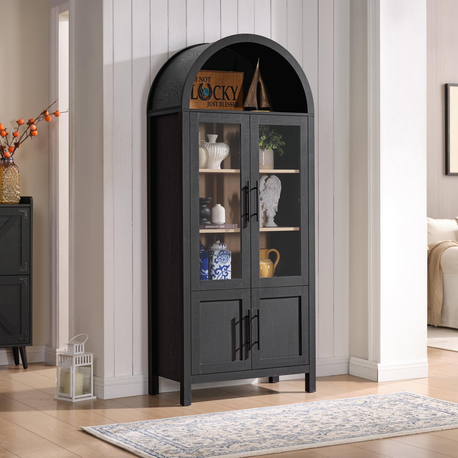 71' Tall Arched Display Cabinet, 5-Tier Bookshelf Modern Farmhouse Arched Bookcase with Glass Doors and Shelves, Wooden Pantry Storage Cabinet for Living Room, Office and Kitchen, Black