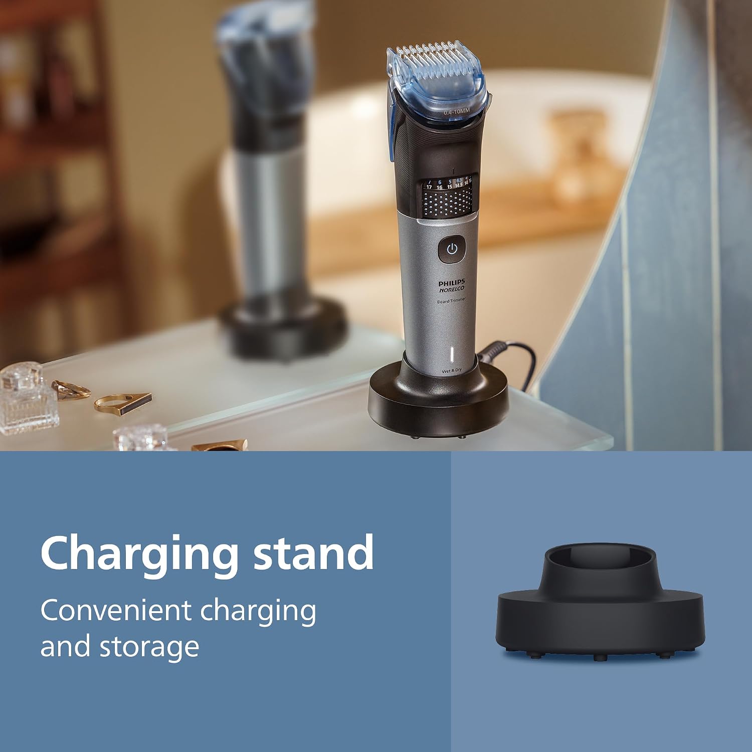Norelco Philips Beard Trimmer 7000 Series, 100% Waterproof Trimmer for Men, 40 Lock-in Hair Length Settings, BeardSense Power Adaptability, Detail & T-Blade Trimmer Heads, Charging Stand, BT7670/40
