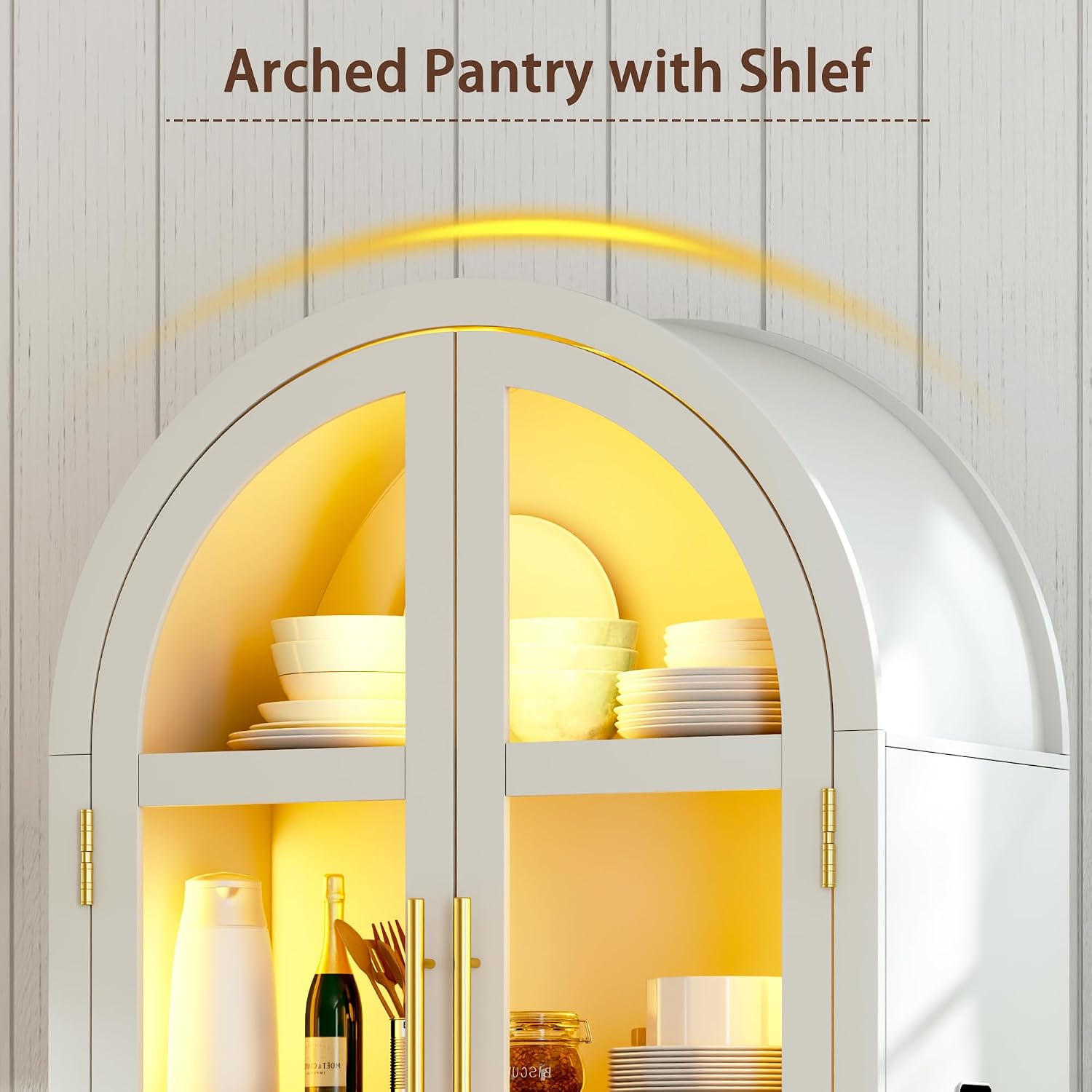 HNEBC Book Shelf with LED Lights, Arched Display Case with Storage Cabinet, Smart File Cabinet with Glass Door, Curio Cabinet with Solid Wood Legs for Home Office/Bedroom Furnniture-White