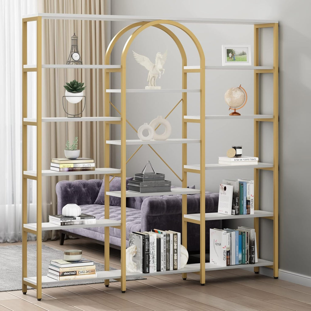 Auromie Triple Wide Gold Bookshelf, 70.87' W x 71.34' H Large Modern Etagere Bookcase, Tall Display Shelf with 13-Tier Open Shelves, Freestanding Staggered Storage Shelf for Home Office, White/Gold