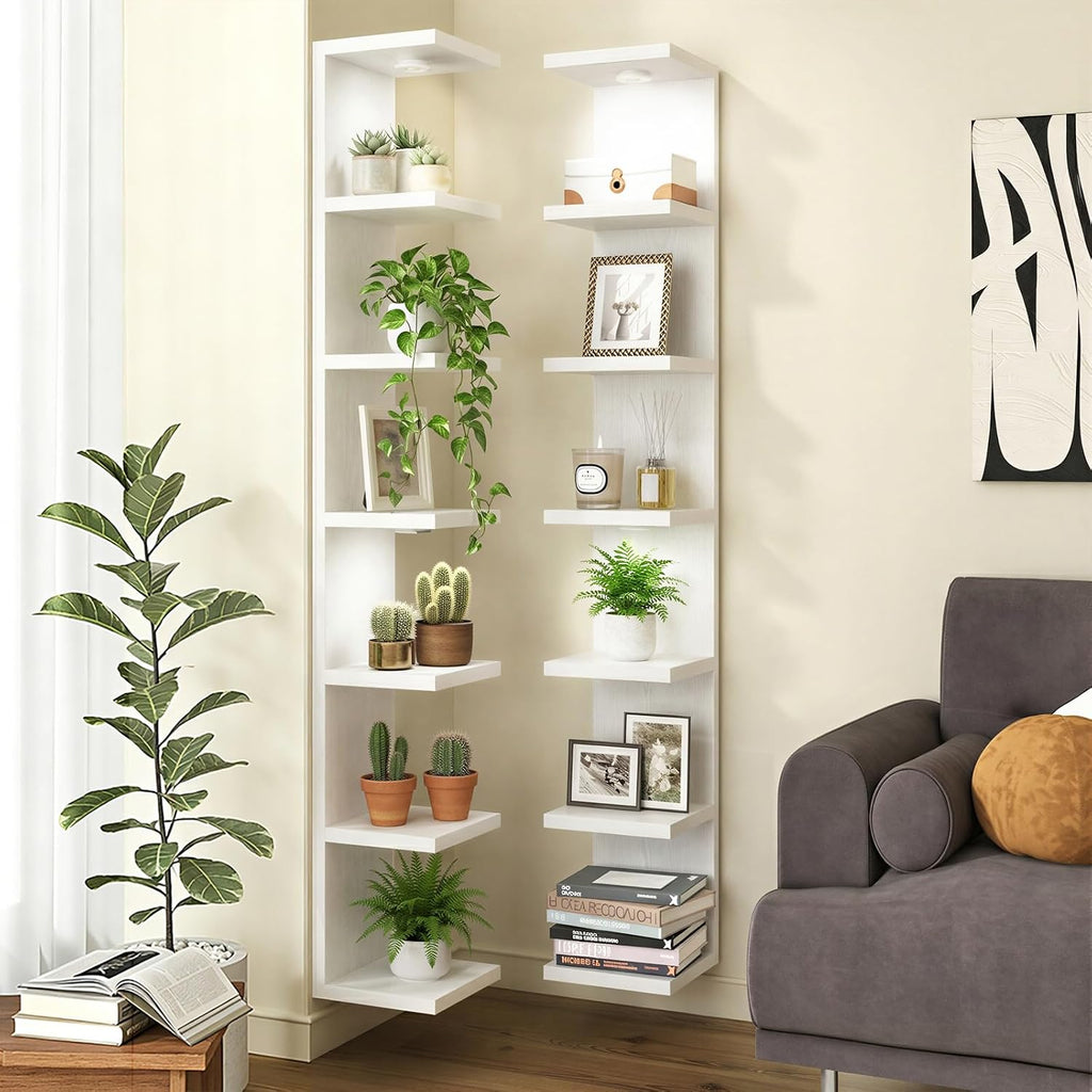 Fixwal 7 Tier Wall Mounted Shelf Set of 2 White Lack Wall Shelf with LED Lights Floating Shelves for Home Decor Organizer Display