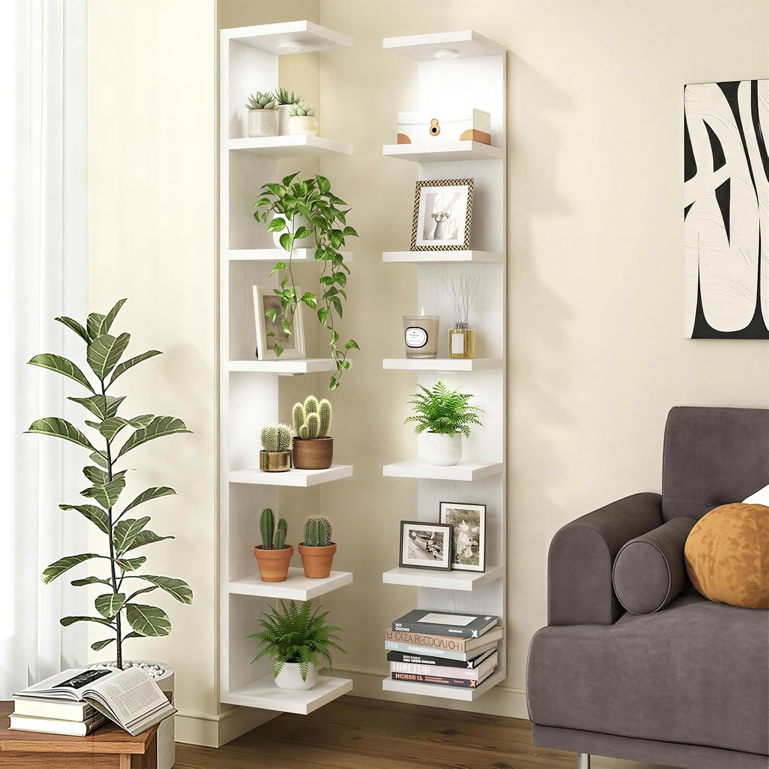 Fixwal 7 Tier Wall Mounted Shelf Set of 2 White Lack Wall Shelf with LED Lights Floating Shelves for Home Decor Organizer Display
