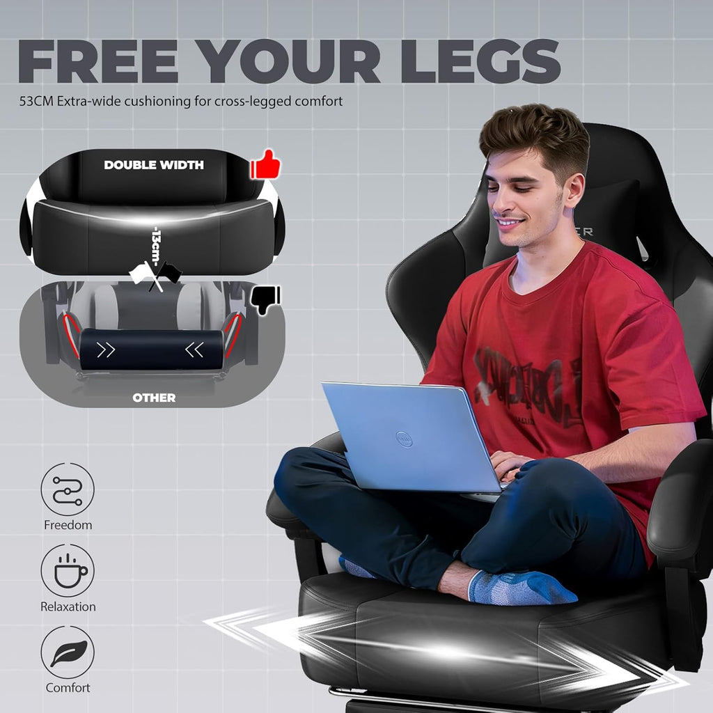 GTPLAYER Gaming Chair with Pocket Spring Cushion, Big and Tall Gamings Chairs 350LBS High Back Computer Chair with Footrest for Adults Lumbar Support Swivel Game Chair for Office, Leather Black