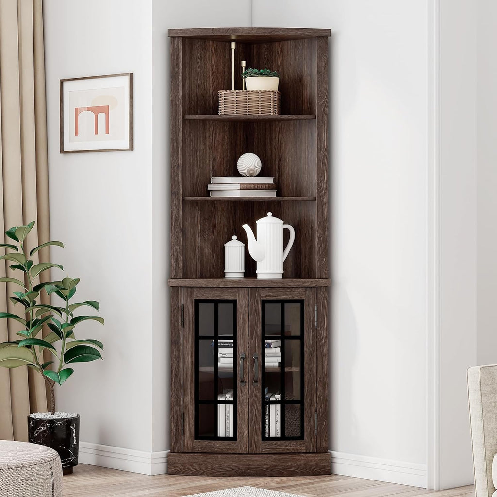 AMERLIFE Curved Corner Storage Cabinet, 65' Tall Freestanding Bookcase with Glass Doors & Adjustable Shelves, 5-Tier Corner Display Cabinet for Living Room, Bathroom, Laundry Room, Espresso