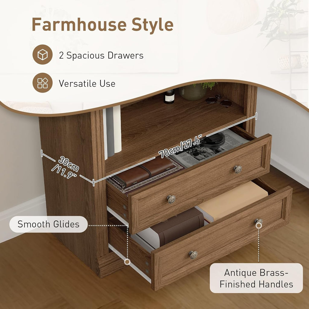RALGEND Farmhouse Arched Bookshelf Set of 2, 7 Tiers Arch Bookcase with 2 Spacious Drawers, Modern Book Shelf with Open Display Shelves and Storage Cabinet, for Office, Living Room, Kitchen, Walnut
