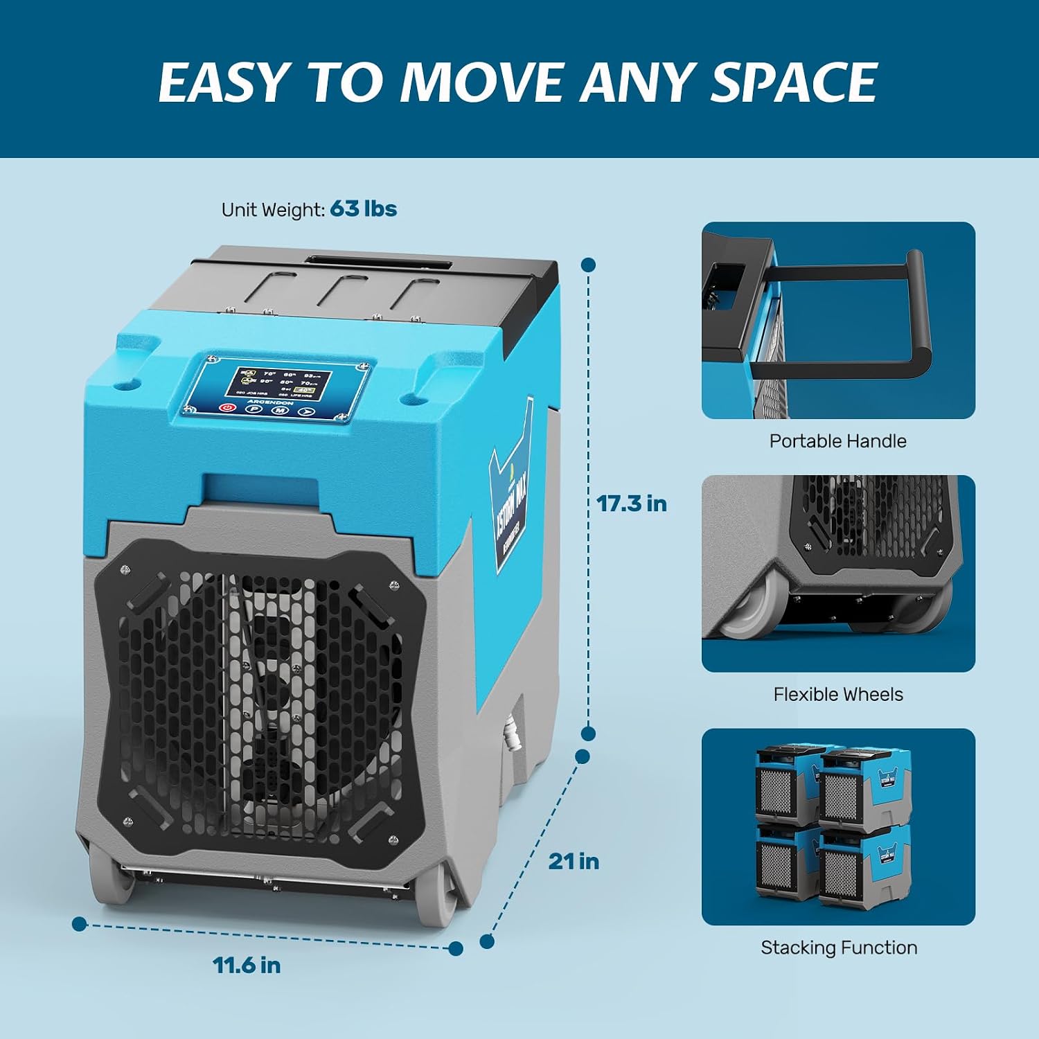 Argendon LGR Commercial Dehumidifier with Pump, 180 Pints Dehumidifiers for Crawl Space, Basements, Large Space, Water Damage Unit, Industrial dehumidifier with Wheels and Handle, 5 Year Warranty