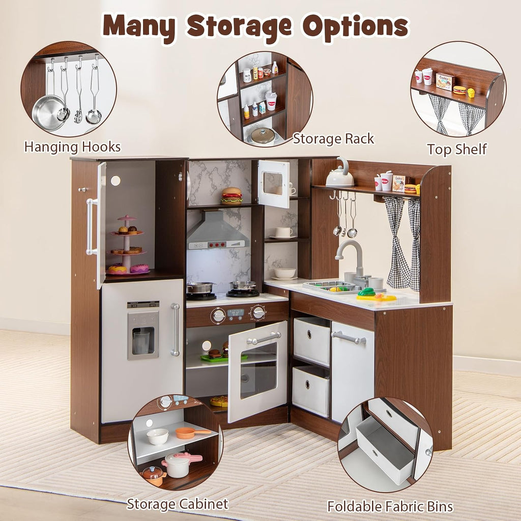 INFANS Kids Kitchen Playset with Real Running Water, Ultimate Wooden Corner Pretend Cooking Set with Simulation Light Sound Stove Storage Cabinet, Play Toy Gift
