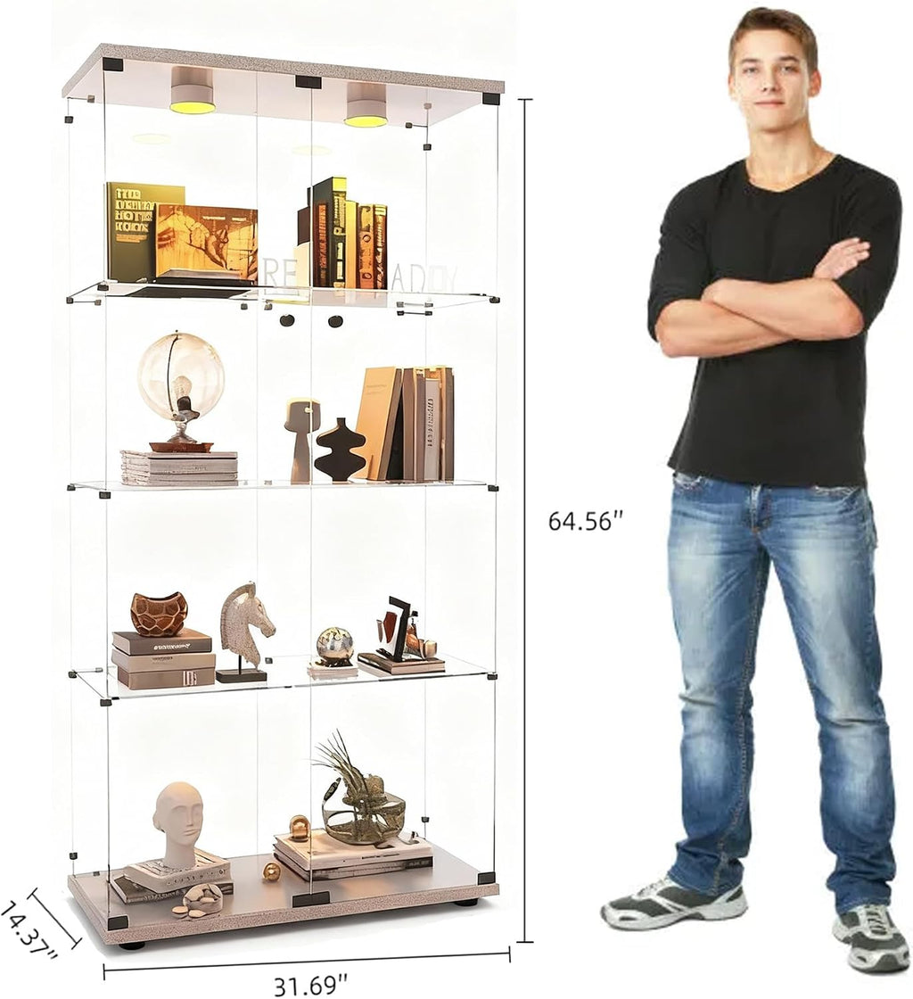 Glass Display Cabinet with Lights and Lock, 4-Tier Display Case Curio Cabinet with Glass Door, Floor Standing Showcase for Living Room Bedroom Home Office 31' W x 14.3' D x 64.5' H